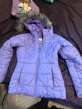 Columbia Girls' Lavender Quilted Puffer Jacket with Faux Fur Hood